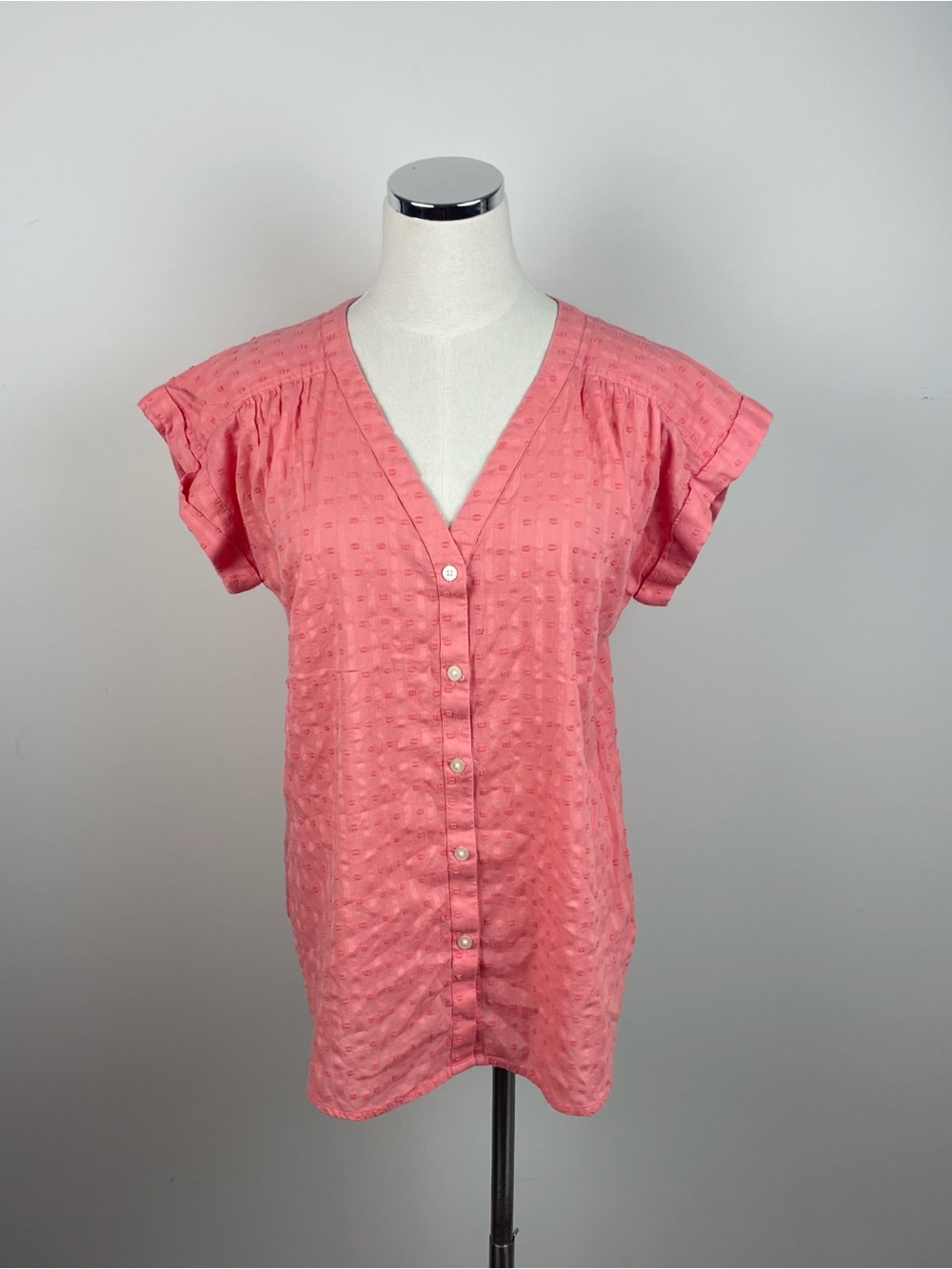 Loft Coral Pink Short Sleeve Textured Dot Pattern V Neck Top Women Medium